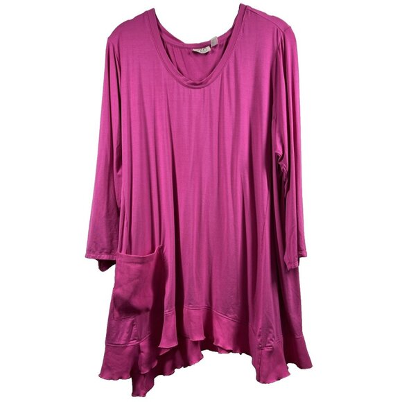 LOGO Lori Goldstein Women's Tunic Top 1X Solid Pink Long Sleeves Pocket Stretch - Picture 1 of 7